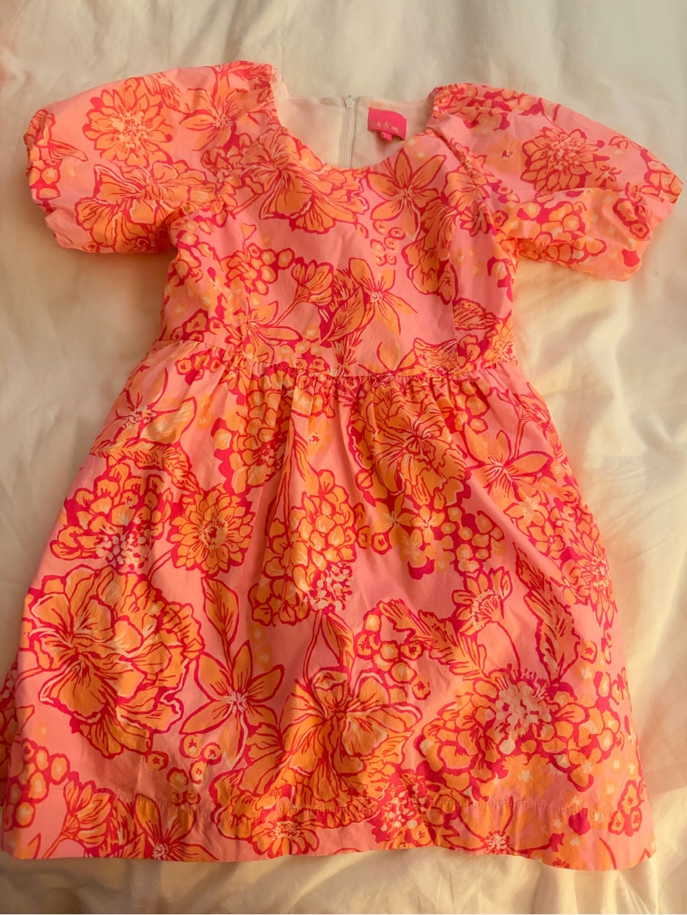 Lilly Pulitzer Girls Pink and Orange Floral Puff Sleeve Dress